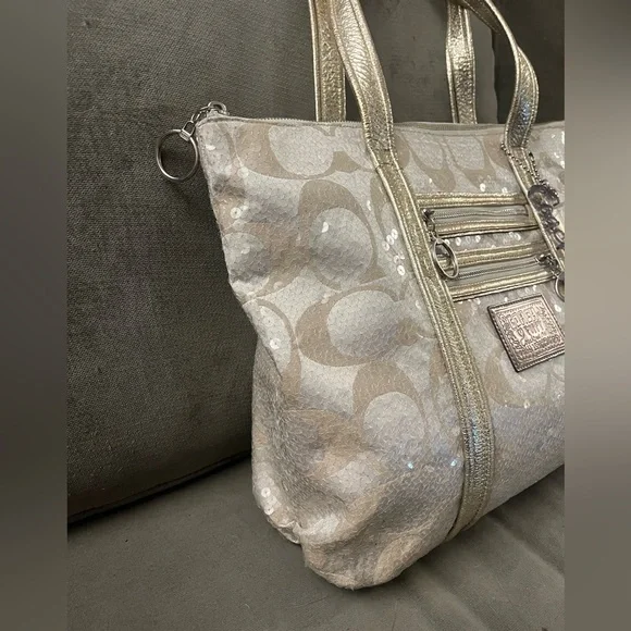 ✨COACH VTG POPPY Special Edition Signature Sequin Tote Bag Gold Cream RARE✨ - Picture 9 of 16